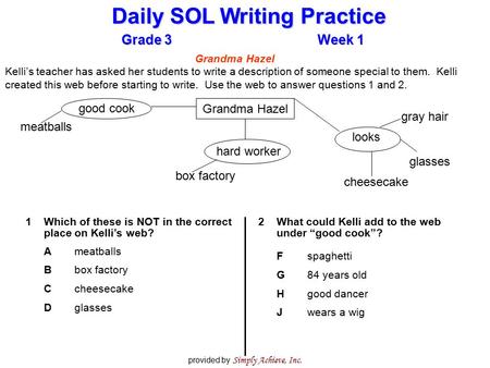 Grade 3Week 1 Daily SOL Writing Practice provided by Simply Achieve, Inc. 1Which of these is NOT in the correct place on Kelli’s web? Ameatballs Bbox factory.