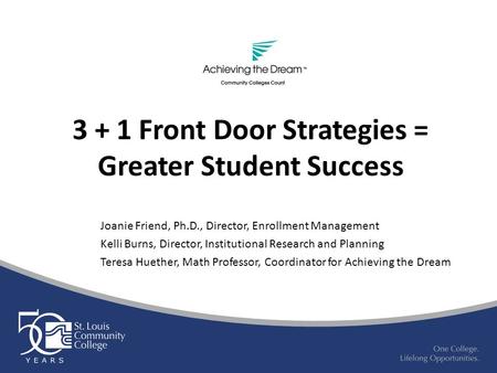 3 + 1 Front Door Strategies = Greater Student Success Joanie Friend, Ph.D., Director, Enrollment Management Kelli Burns, Director, Institutional Research.