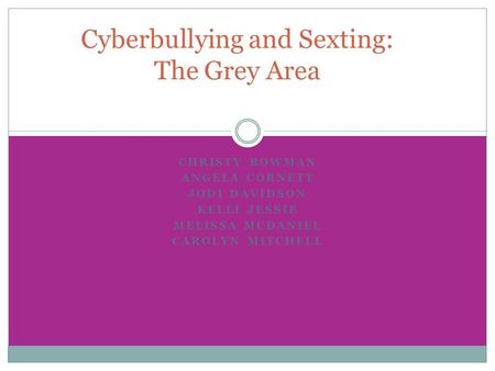CHRISTY BOWMAN ANGELA CORNETT JODI DAVIDSON KELLI JESSIE MELISSA MCDANIEL CAROLYN MITCHELL Cyberbullying and Sexting: The Grey Area.