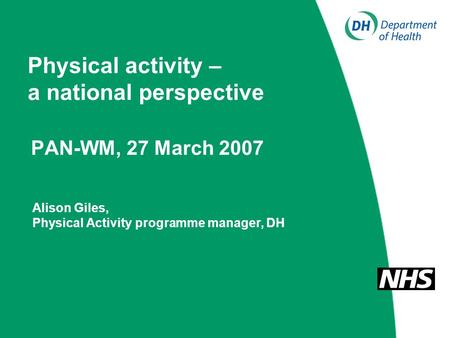 Physical activity – a national perspective PAN-WM, 27 March 2007 Alison Giles, Physical Activity programme manager, DH.