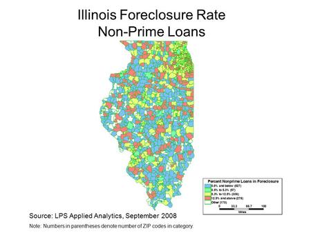 Illinois Foreclosure Rate Non-Prime Loans Source: LPS Applied Analytics, September 2008 Note: Numbers in parentheses denote number of ZIP codes in category.