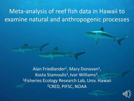 Meta-analysis of reef fish data in Hawaii to examine natural and anthropogenic processes Alan Friedlander 1, Mary Donovan 1, Kosta Stamoulis 1, Ivor Williams.