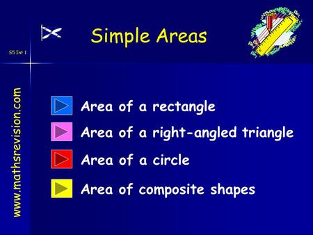 S5 Int 1 Area of a rectangle Area of composite shapes Area of a right-angled triangle www.mathsrevision.com Simple Areas Area of a circle.