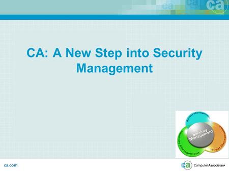 CA: A New Step into Security Management.  eBusiness = business  A cultural shift — security is a part of the business fabric  Security is prevention.