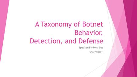 A Taxonomy of Botnet Behavior, Detection, and Defense Speaker:Bo-Rong Sue Source:IEEE 1.