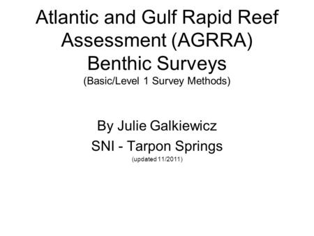 Atlantic and Gulf Rapid Reef Assessment (AGRRA) Benthic Surveys (Basic/Level 1 Survey Methods) By Julie Galkiewicz SNI - Tarpon Springs (updated 11/2011)