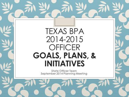 TEXAS BPA 2014-2015 OFFICER GOALS, PLANS, & INITIATIVES State Officer Team September 2014 Planning Meeting.