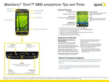 Blackberry ® Torch ™ 9850 smartphone Tips and Tricks ©2011 Sprint. Sprint and the logo are trademarks of Sprint. Research In Motion, the RIM logo, BlackBerry,
