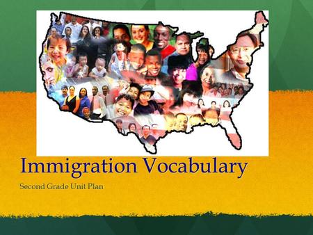Immigration Vocabulary Second Grade Unit Plan. “Day One” Vocab Words IImmigrants- people who leave one country to settle in another are called immigrants.