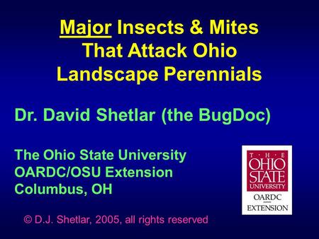 Dr. David Shetlar (the BugDoc) The Ohio State University OARDC/OSU Extension Columbus, OH Major Insects & Mites That Attack Ohio Landscape Perennials ©