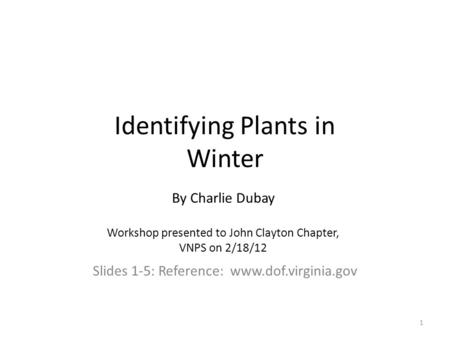 Identifying Plants in Winter Slides 1-5: Reference: www.dof.virginia.gov 1 By Charlie Dubay Workshop presented to John Clayton Chapter, VNPS on 2/18/12.