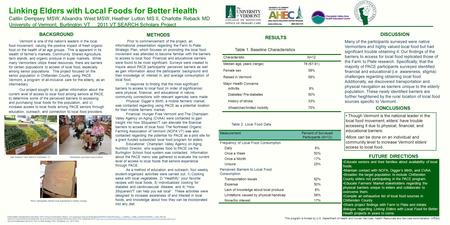 RESULTS BACKGROUND Vermont is one of the nation’s leaders in the local food movement, valuing the positive impact of fresh organic food on the health of.