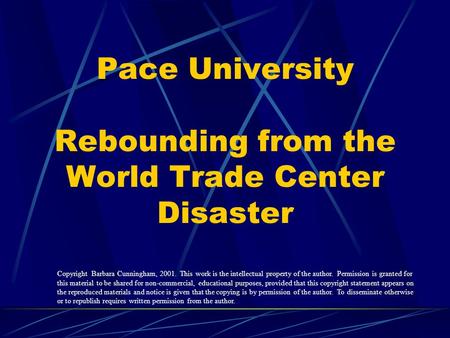 Pace University Rebounding from the World Trade Center Disaster Copyright Barbara Cunningham, 2001. This work is the intellectual property of the author.