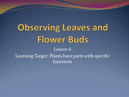 Lesson 6 Learning Target: Plants have parts with specific functions.