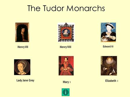 The Tudor Monarchs Henry VIIHenry VIII Edward VI Lady Jane Grey Mary I Elizabeth I.