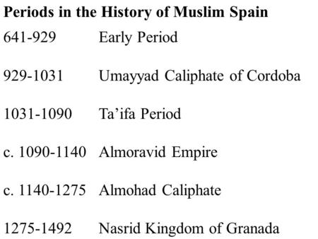 Periods in the History of Muslim Spain 641-929Early Period 929-1031Umayyad Caliphate of Cordoba 1031-1090Ta’ifa Period c. 1090-1140Almoravid Empire c.