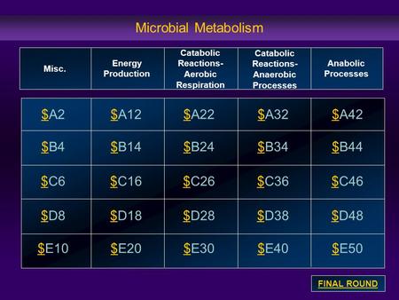 Microbial Metabolism $$A2 $$B4 $$C6 $$D8 $$E10 $$A12$$A32$$A22$$A42 $$B14$B24$$B34$$B44 $$C16$$C26$$C36$$C46 $$D18$$D28$$D38$$D48 $$E20$$E30$$E40$E50 Misc.