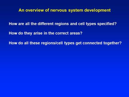 An overview of nervous system development How are all the different regions and cell types specified? How do they arise in the correct areas? How do all.