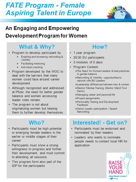 FATE Program - Female Aspiring Talent in Europe An Engaging and Empowering Development Program for Women What & Why? Program to develop participant by.