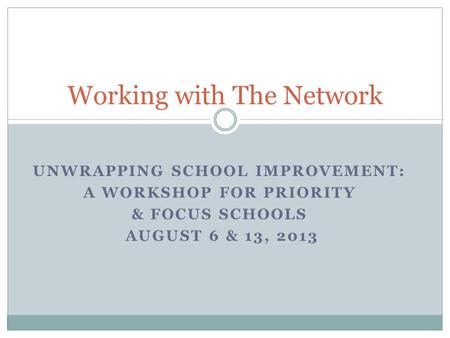 UNWRAPPING SCHOOL IMPROVEMENT: A WORKSHOP FOR PRIORITY & FOCUS SCHOOLS AUGUST 6 & 13, 2013 Working with The Network.