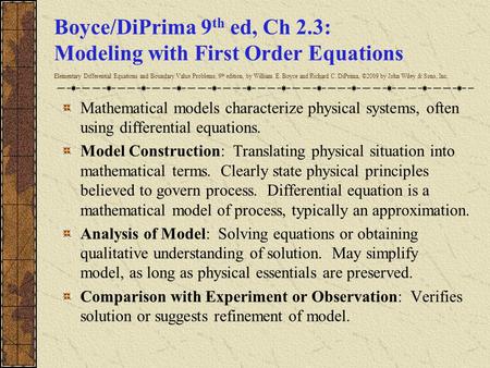 Boyce/DiPrima 9th ed, Ch 2.3: Modeling with First Order Equations Elementary Differential Equations and Boundary Value Problems, 9th edition, by William.