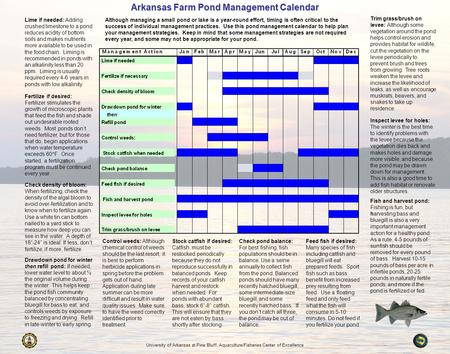 Arkansas Farm Pond Management Calendar Although managing a small pond or lake is a year-round effort, timing is often critical to the success of individual.