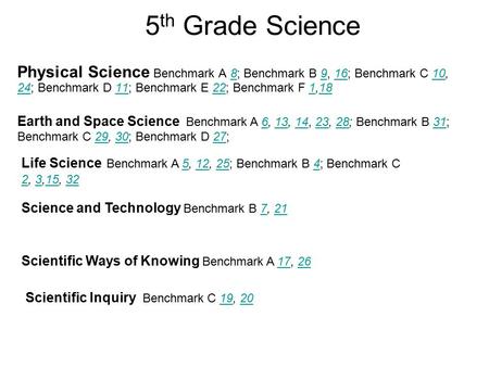 5 th Grade Science Physical Science Benchmark A 8; Benchmark B 9, 16; Benchmark C 10, 24; Benchmark D 11; Benchmark E 22; Benchmark F 1,18891610 241122118.