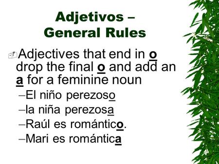 Adjetivos – General Rules  Adjectives that end in o drop the final o and add an a for a feminine noun –El niño perezoso –la niña perezosa –Raúl es romántico.