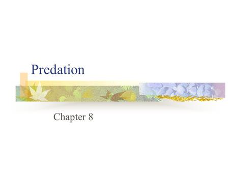 Predation Chapter 8. Predation Consumption of one organism (prey) by another (predator), in which the prey is alive when first attacked by the predator.