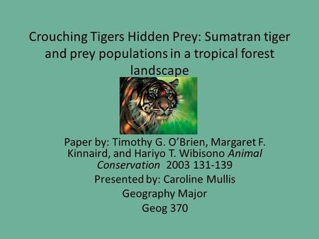 Crouching Tigers Hidden Prey: Sumatran tiger and prey populations in a tropical forest landscape Paper by: Timothy G. O’Brien, Margaret F. Kinnaird, and.