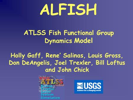 ATLSS Fish Functional Group Dynamics Model ALFISH Holly Gaff, Rene’ Salinas, Louis Gross, Don DeAngelis, Joel Trexler, Bill Loftus and John Chick.