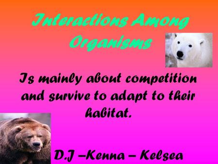 Interactions Among Organisms Is mainly about competition and survive to adapt to their habitat. By D.J –Kenna – Kelsea.