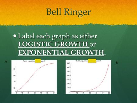 Bell Ringer Label each graph as either LOGISTIC GROWTH or EXPONENTIAL GROWTH. Label each graph as either LOGISTIC GROWTH or EXPONENTIAL GROWTH. A B.