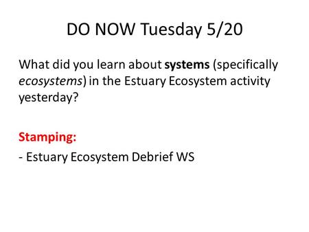 DO NOW Tuesday 5/20 What did you learn about systems (specifically ecosystems) in the Estuary Ecosystem activity yesterday? Stamping: - Estuary Ecosystem.