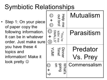 Symbiotic Relationships Step 1: On your piece of paper copy the following information. It can be in whatever order. Just make sure you have these 4 topics.
