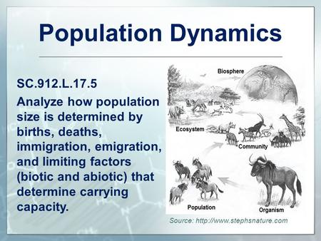 Population Dynamics SC.912.L.17.5 Analyze how population size is determined by births, deaths, immigration, emigration, and limiting factors (biotic and.