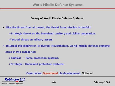 February 20091 RubinconLtd. Defense Technology Consulting World Missile Defense Systems Survey of World Missile Defense Systems Like the threat from air.