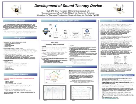 Development of Sound Therapy Device BME 273: Cindy Hlavacek, BME and Noah Walcutt, ME Thomas Anderson, MA and Robin Midgett, VU Electronics Technician.
