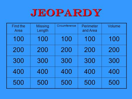 Jeopardy Find the Area Missing Length Circumference Perimeter and Area Volume 100 200 300 400 500.