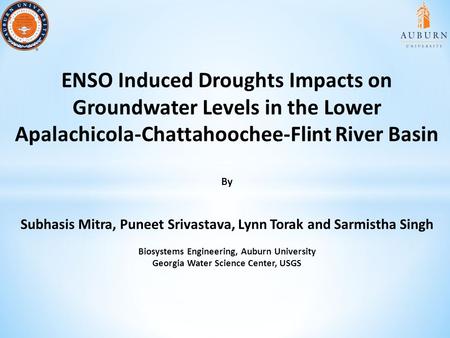 ENSO Induced Droughts Impacts on Groundwater Levels in the Lower Apalachicola-Chattahoochee-Flint River Basin By Subhasis Mitra, Puneet Srivastava, Lynn.