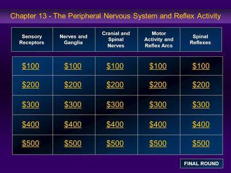 Chapter 13 - The Peripheral Nervous System and Reflex Activity $100 $200 $300 $400 $500 $100$100$100 $200 $300 $400 $500 Sensory Receptors Nerves and Ganglia.