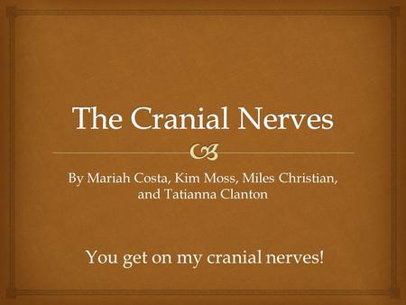 By Mariah Costa, Kim Moss, Miles Christian, and Tatianna Clanton You get on my cranial nerves!