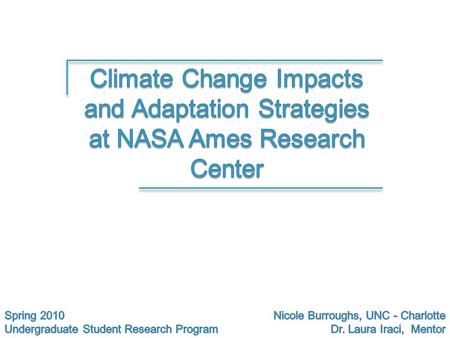 Outline Global Climate Change Projections Local Climate Change Observations 1998 Flood at NASA ARC Anticipated Impacts of Climate Change Suggested Adaptation.