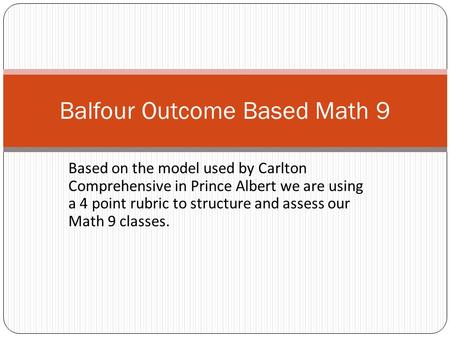 Based on the model used by Carlton Comprehensive in Prince Albert we are using a 4 point rubric to structure and assess our Math 9 classes. Balfour Outcome.