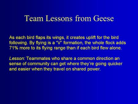 Team Lessons from Geese When the lead goose tires, it rotates back into the formation and another goose flies at the point position. Lesson: It pays.