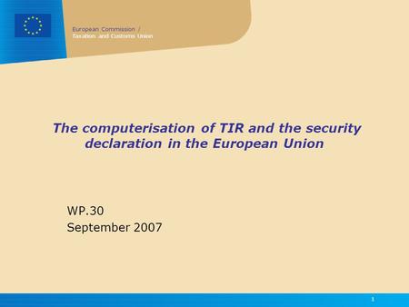 European Commission / Taxation and Customs Union 1 The computerisation of TIR and the security declaration in the European Union WP.30 September 2007.
