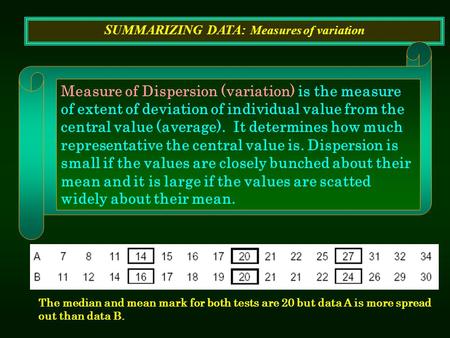 SUMMARIZING DATA: Measures of variation Measure of Dispersion (variation) is the measure of extent of deviation of individual value from the central value.