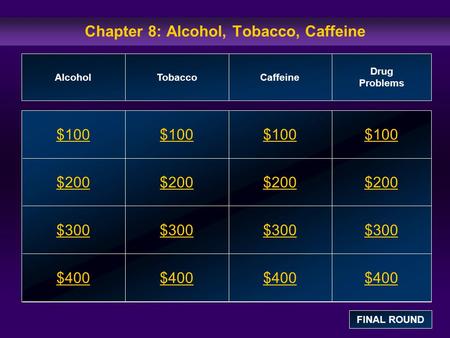 Chapter 8: Alcohol, Tobacco, Caffeine $100 $200 $300 $400 $100$100$100 $200 $300 $400 AlcoholTobaccoCaffeine Drug Problems FINAL ROUND.