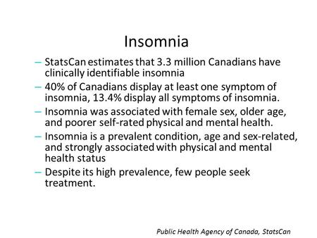 Insomnia – StatsCan estimates that 3.3 million Canadians have clinically identifiable insomnia – 40% of Canadians display at least one symptom of insomnia,
