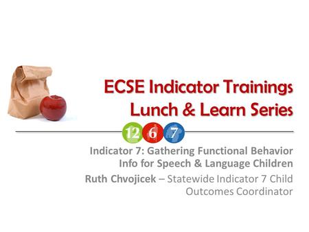 ECSE Indicator Trainings Lunch & Learn Series Indicator 7: Gathering Functional Behavior Info for Speech & Language Children Ruth Chvojicek – Statewide.